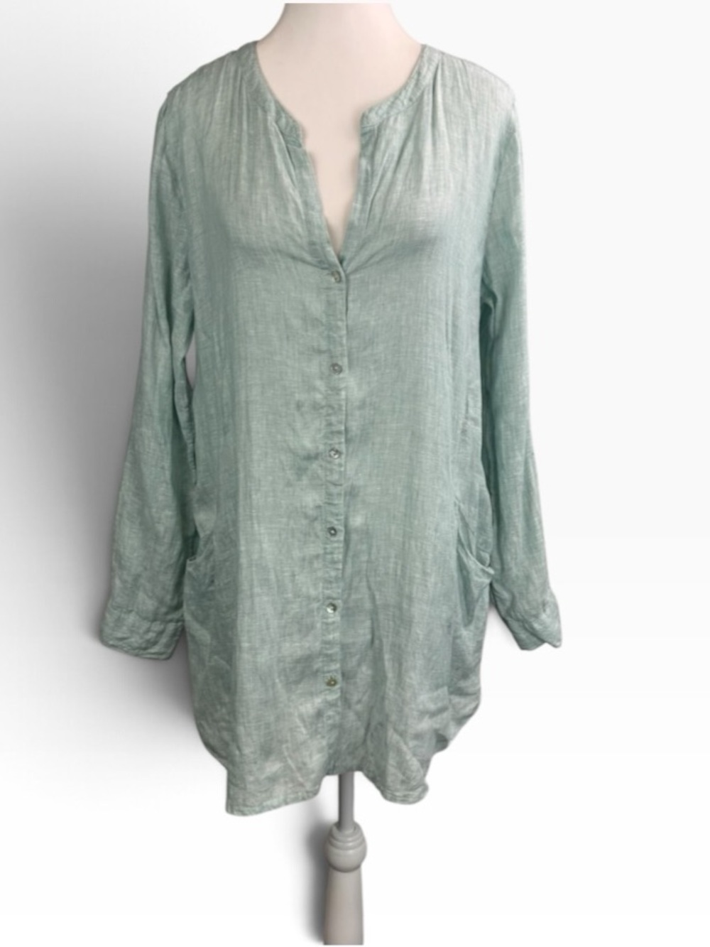 Sigrid Olsen Button Front Linen Tunic Top Pockets Baby Blue Size Medium